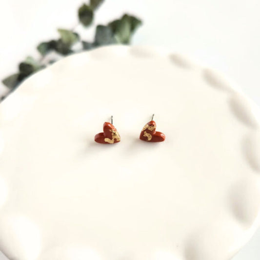 Burnt Orange and Gold Heart Stud Earrings