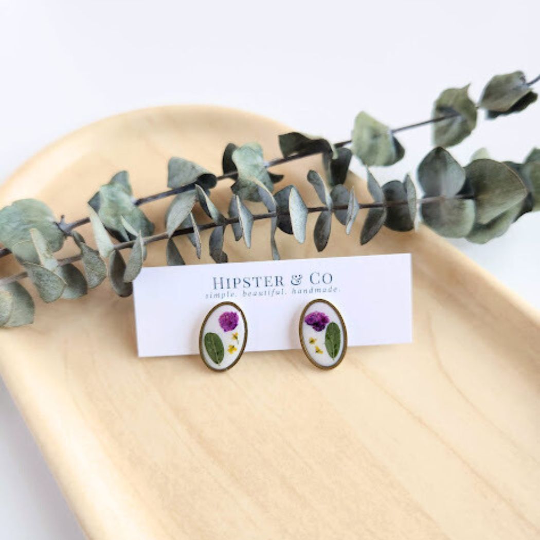 Oval Floral Polymer Clay Stud Earrings