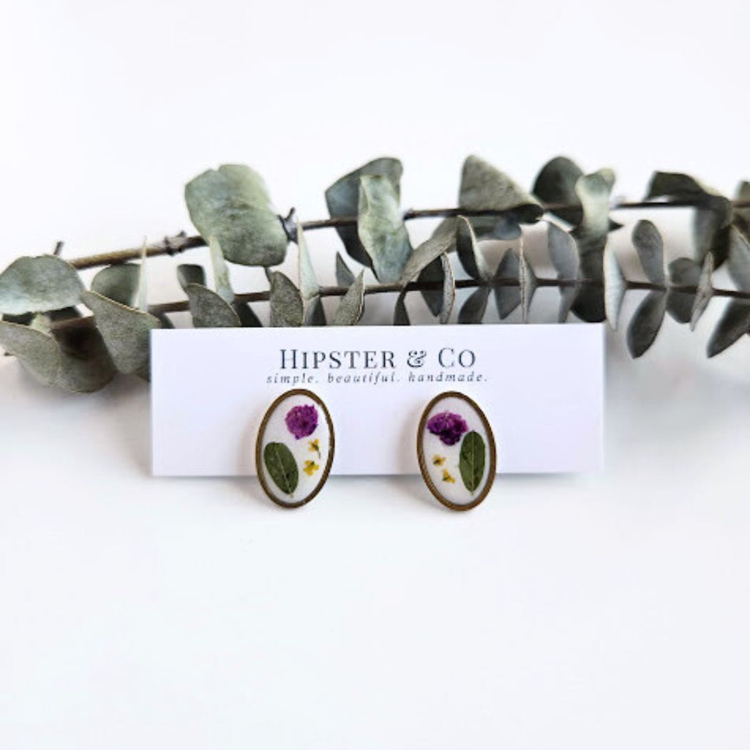 Oval Floral Polymer Clay Stud Earrings