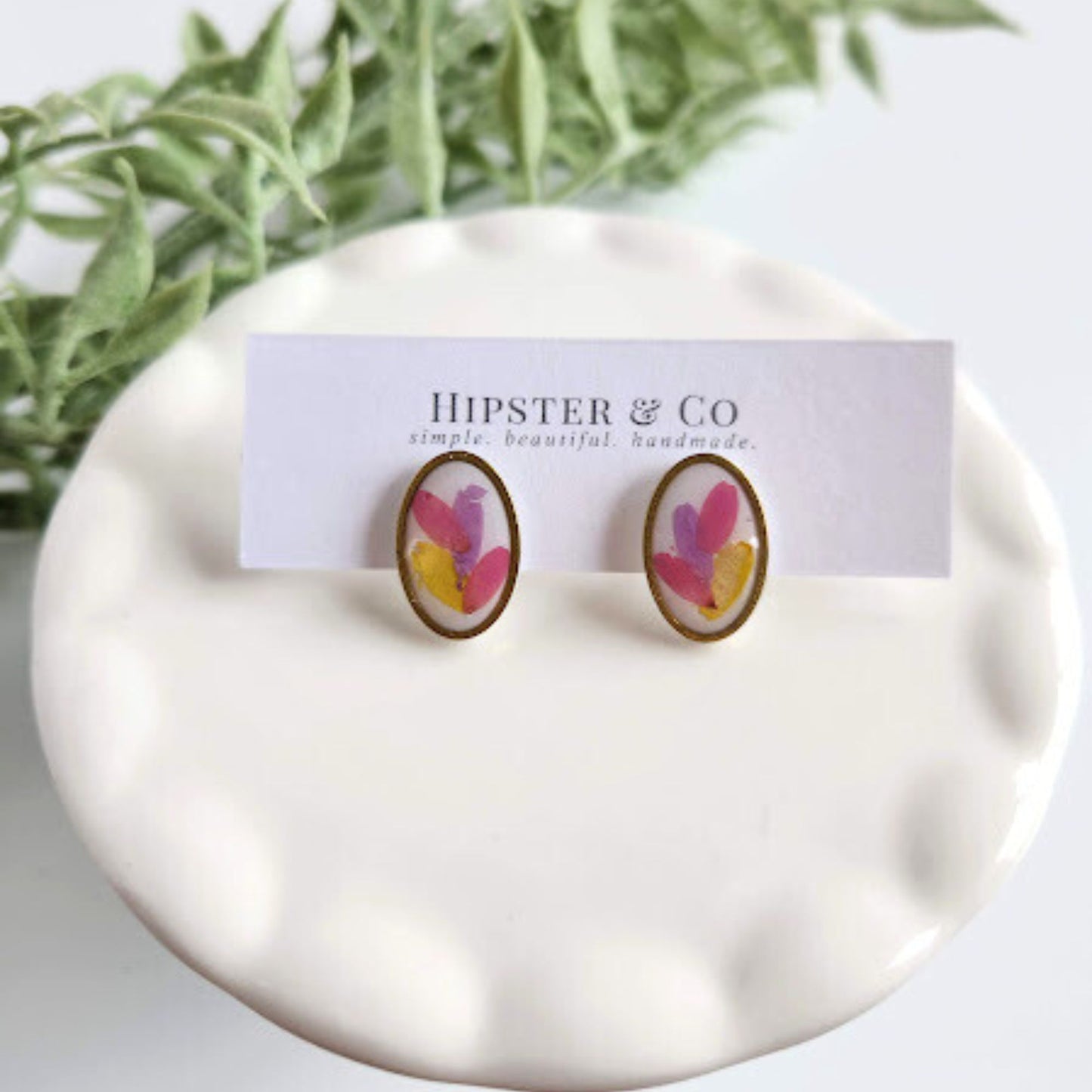Oval Floral Polymer Clay Stud Earrings