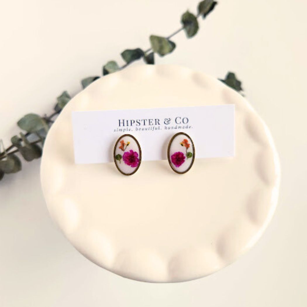 Oval Floral Polymer Clay Stud Earrings