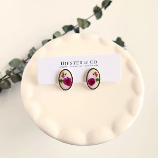 Oval Floral Polymer Clay Stud Earrings