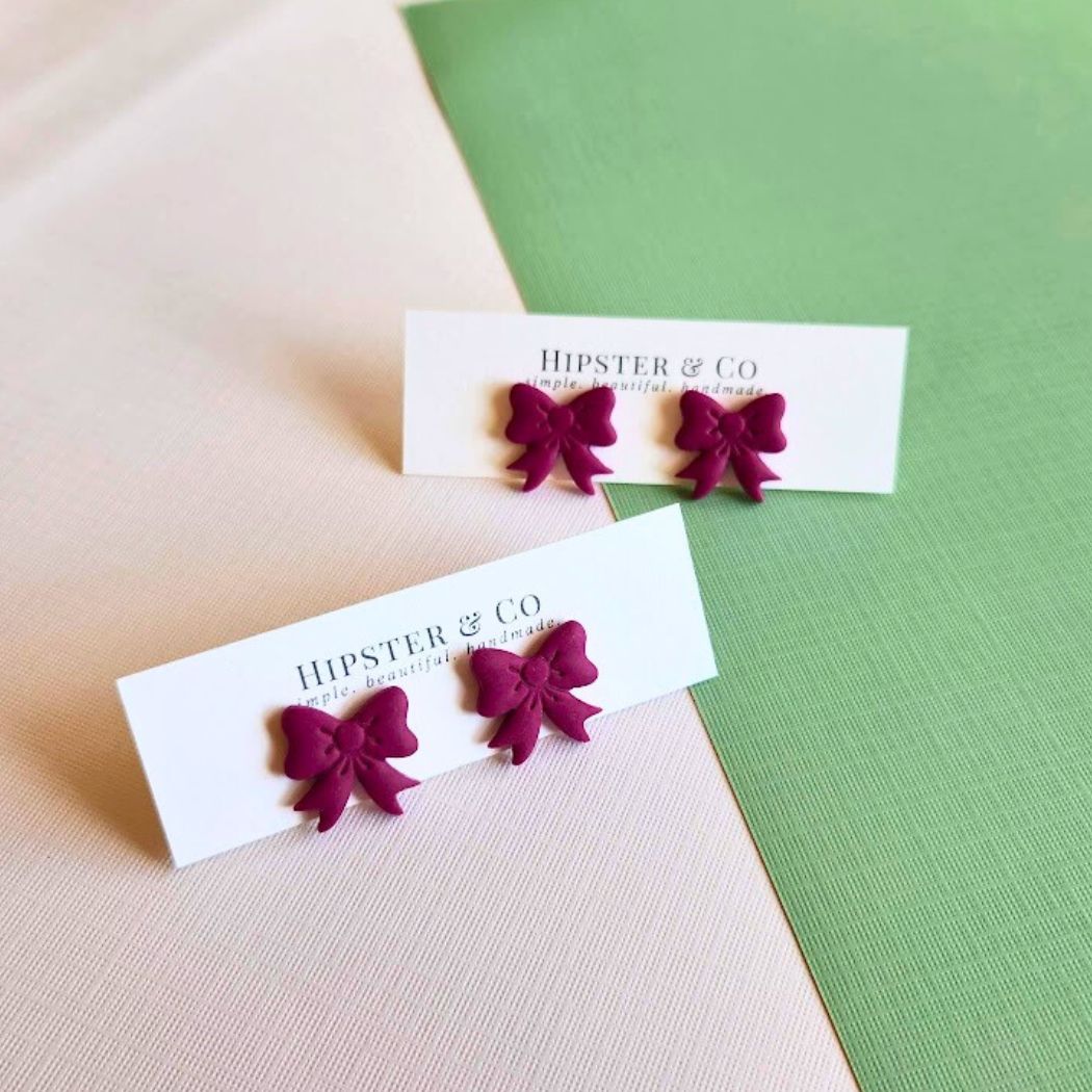 Fuchsia Bow Polymer Clay Stud Earrings