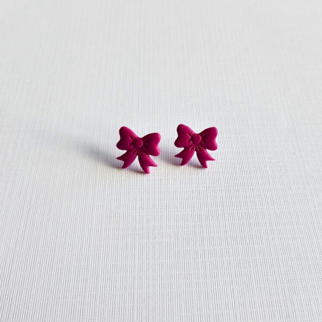 Fuchsia Bow Polymer Clay Stud Earrings