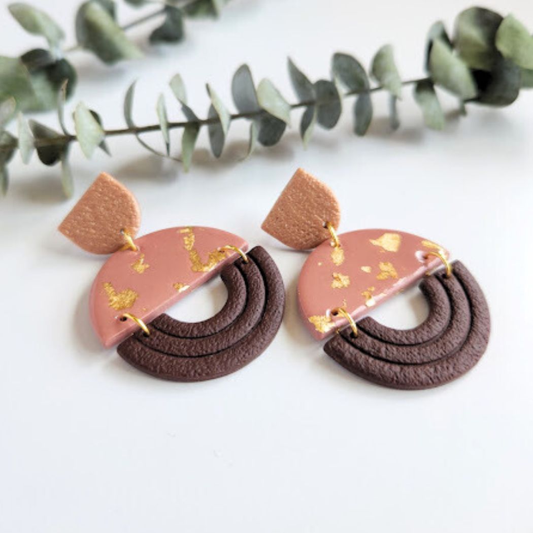 The Eliana Color Block Polymer Clay Dangle Earrings in Copper and Brown