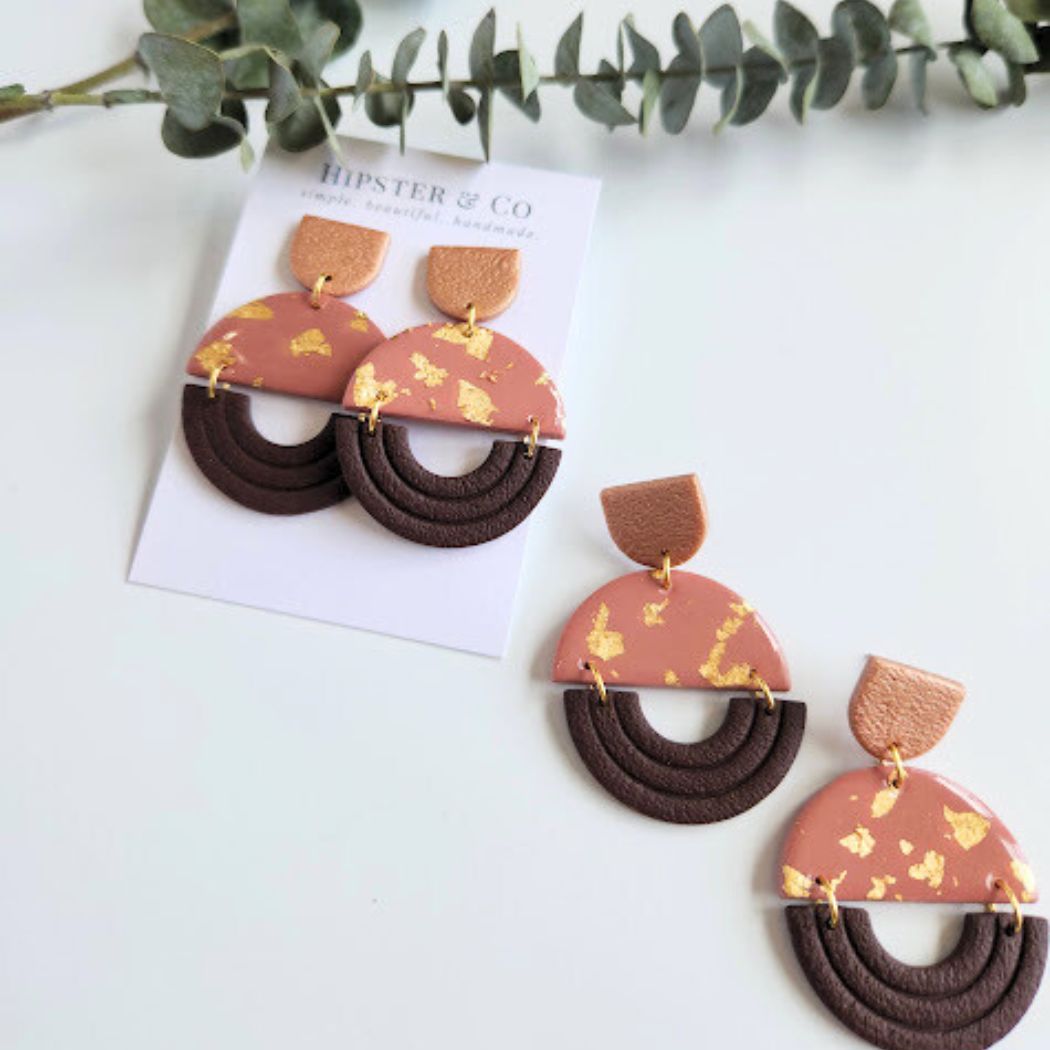 The Eliana Color Block Polymer Clay Dangle Earrings in Copper and Brown