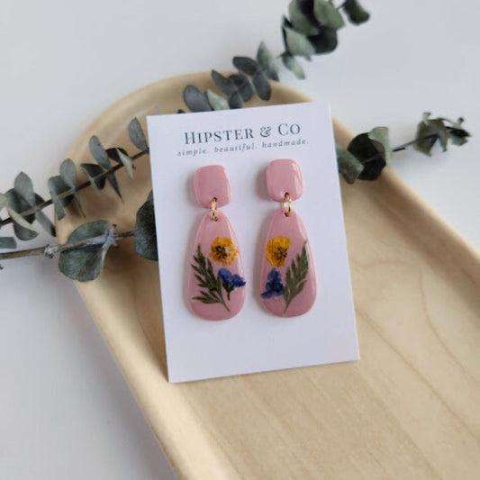 Pink Teardrop Floral Polymer Clay Earrings