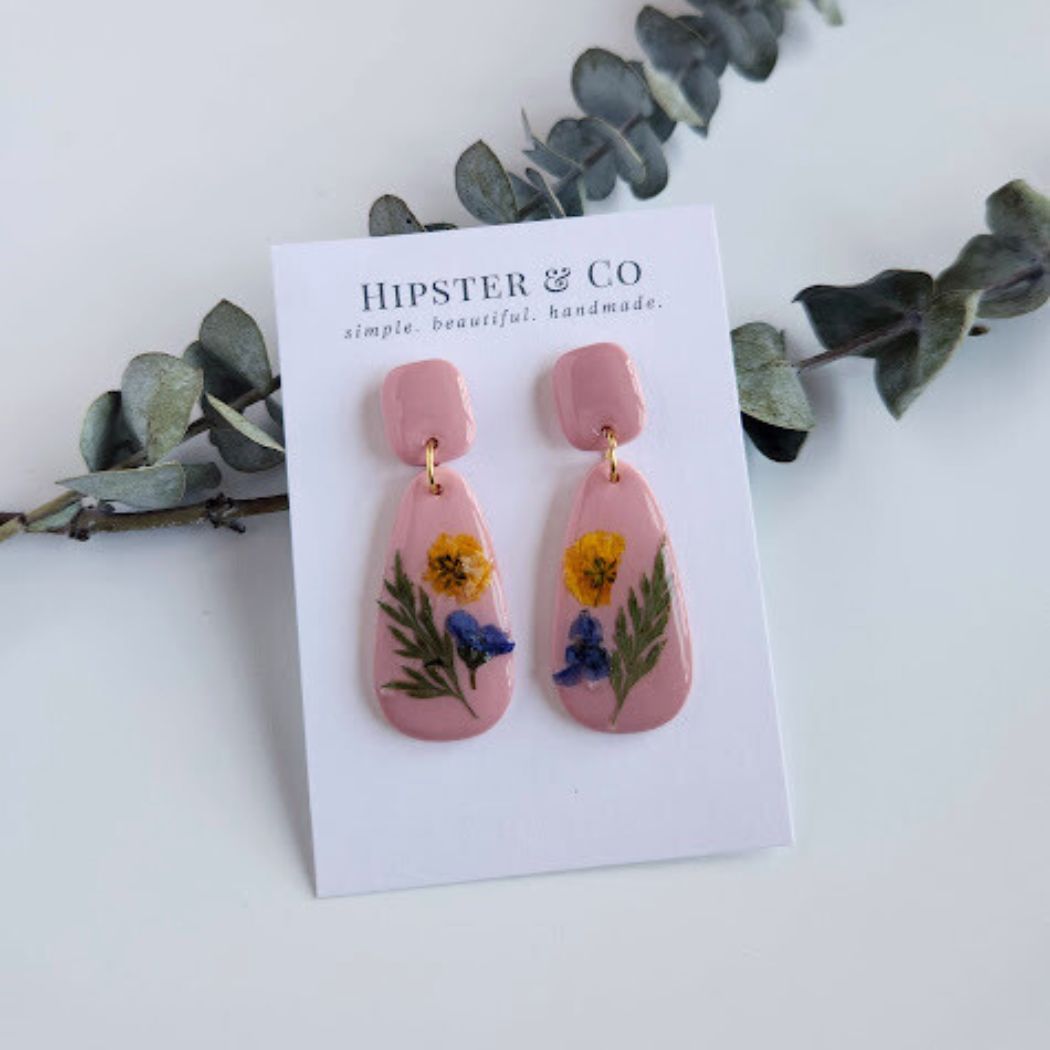 Pink Teardrop Floral Polymer Clay Earrings