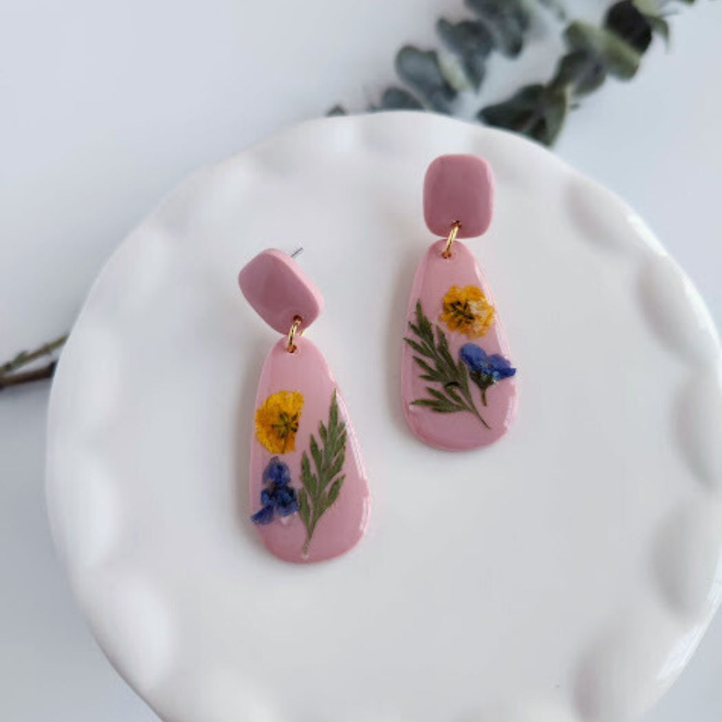 Pink Teardrop Floral Polymer Clay Earrings
