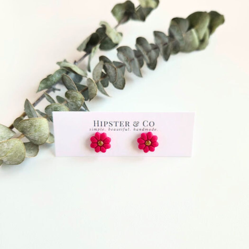 Pink Flower Polymer Clay Stud Earrings