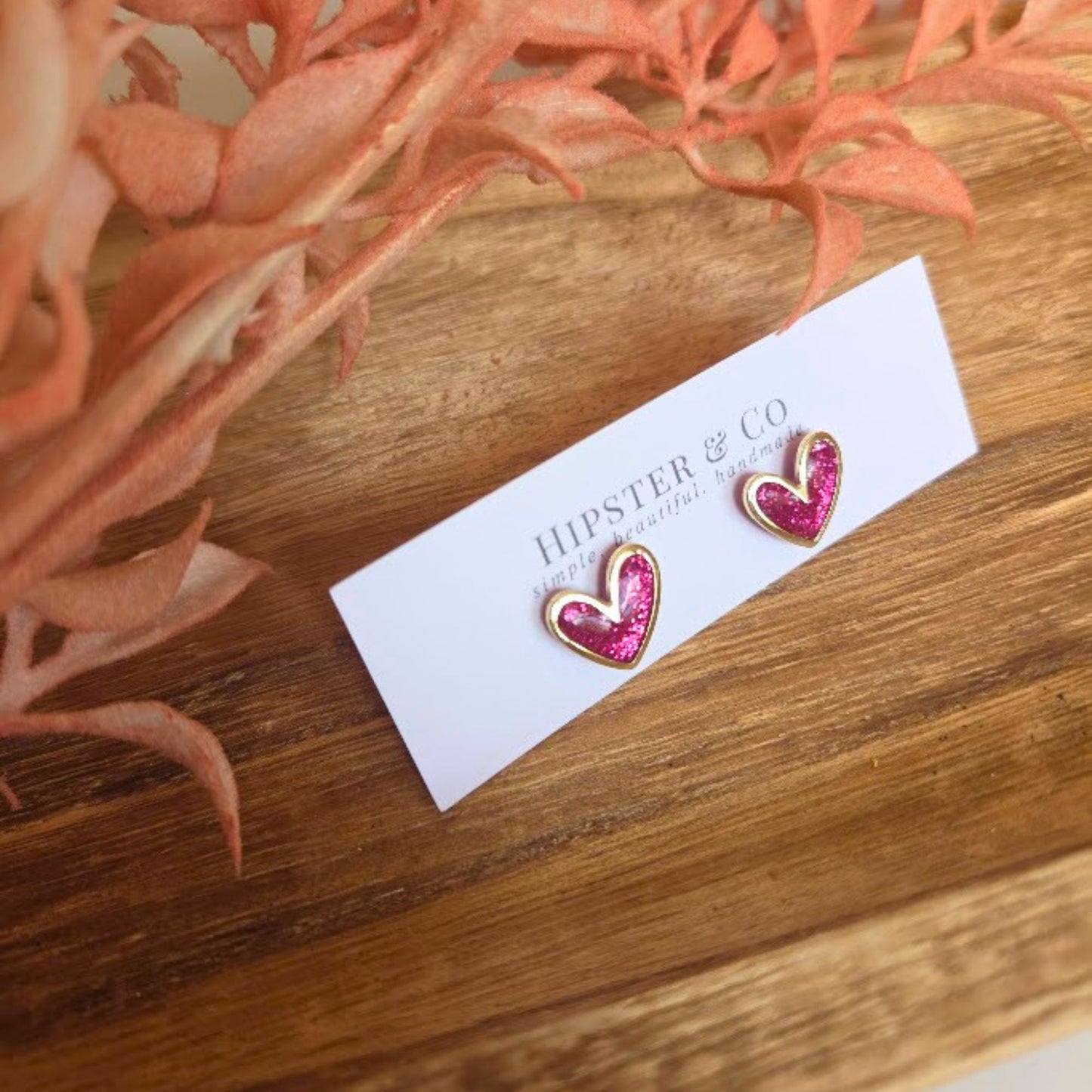 Pink Glitter Polymer Clay and Brass Heart Stud Earrings