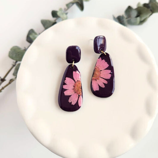Eggplant Purple Teardrop Floral Polymer Clay Earrings