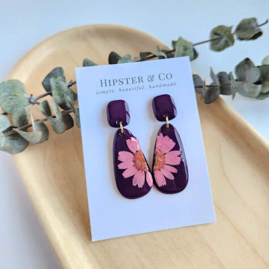 Eggplant Purple Teardrop Floral Polymer Clay Earrings