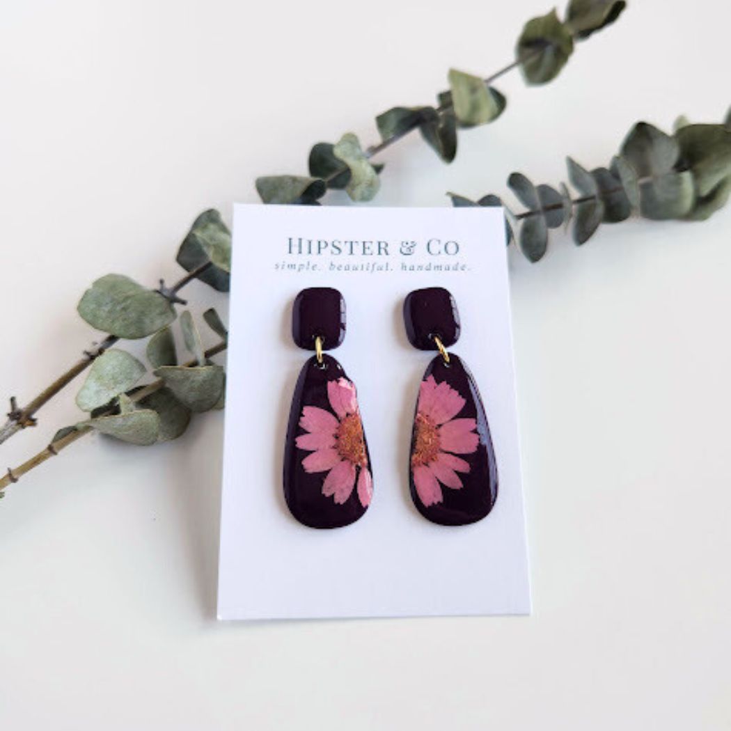 Eggplant Purple Teardrop Floral Polymer Clay Earrings