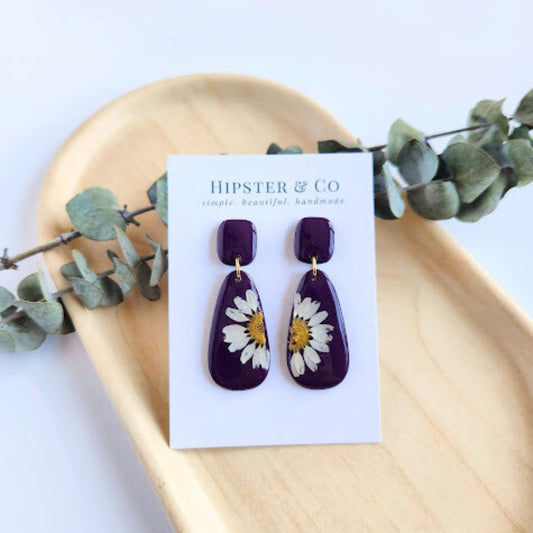 Eggplant Purple Teardrop Floral Polymer Clay Earrings