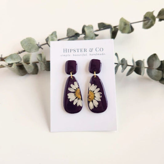 Eggplant Purple Teardrop Floral Polymer Clay Earrings