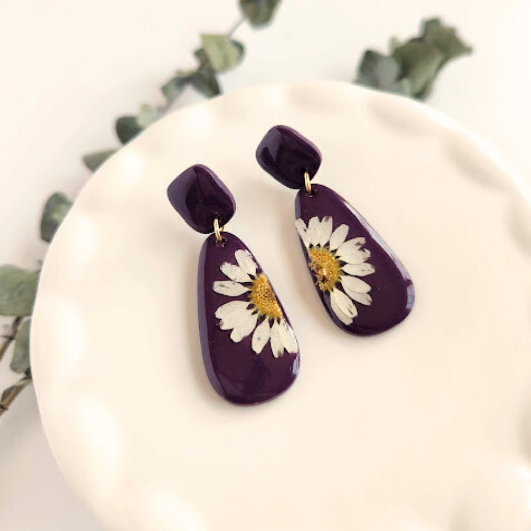Eggplant Purple Teardrop Floral Polymer Clay Earrings