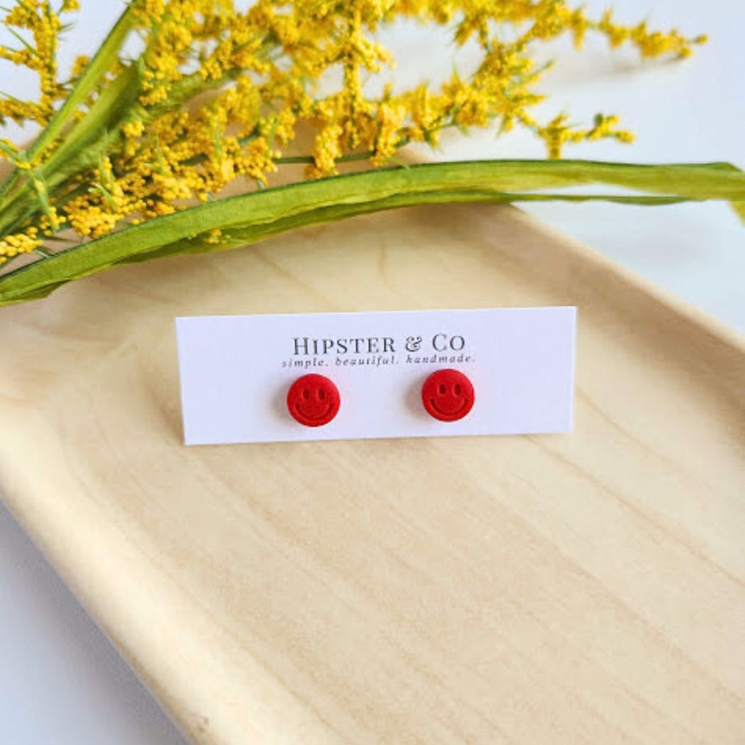 Red Happy Face Polymer Clay Stud Earrings