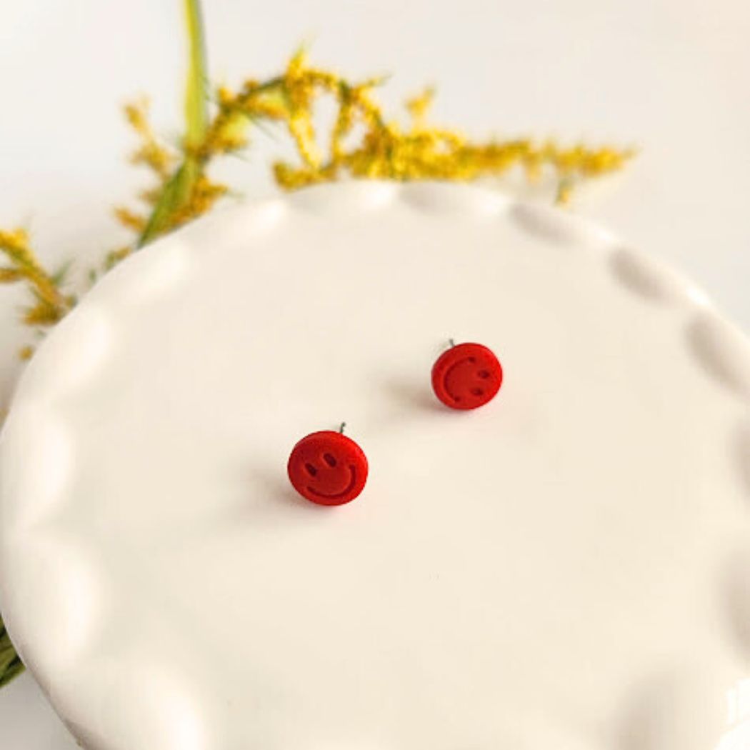 Red Happy Face Polymer Clay Stud Earrings