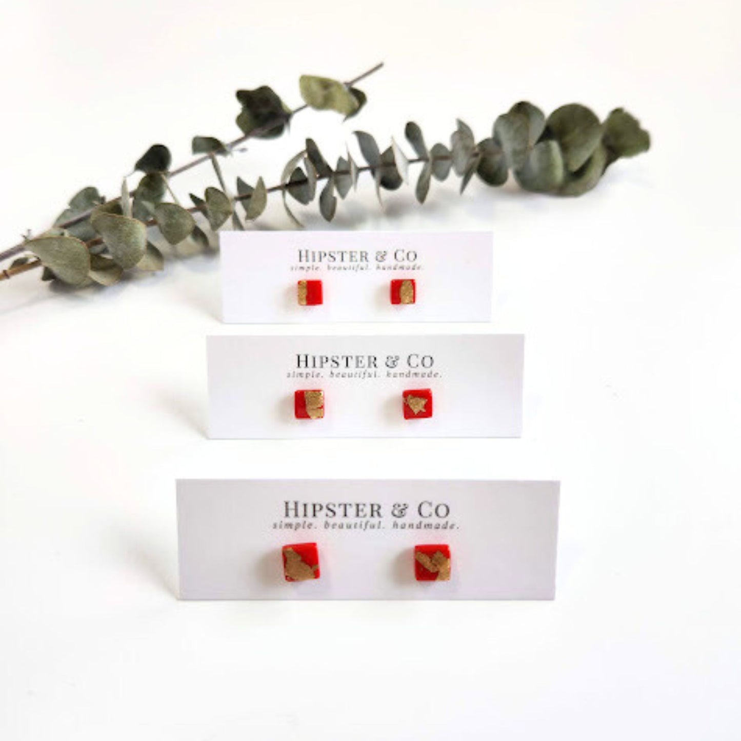 Red and Gold Square Stud Earrings