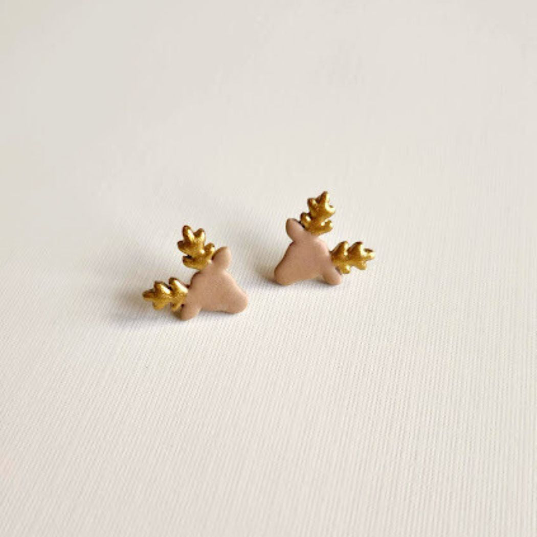 Brown Reindeer Polymer Clay Stud Earrings