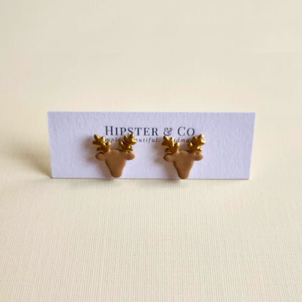 Brown Reindeer Polymer Clay Stud Earrings