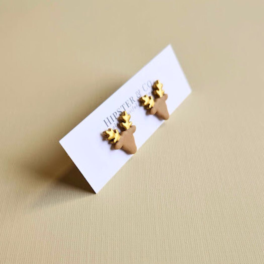 Brown Reindeer Polymer Clay Stud Earrings