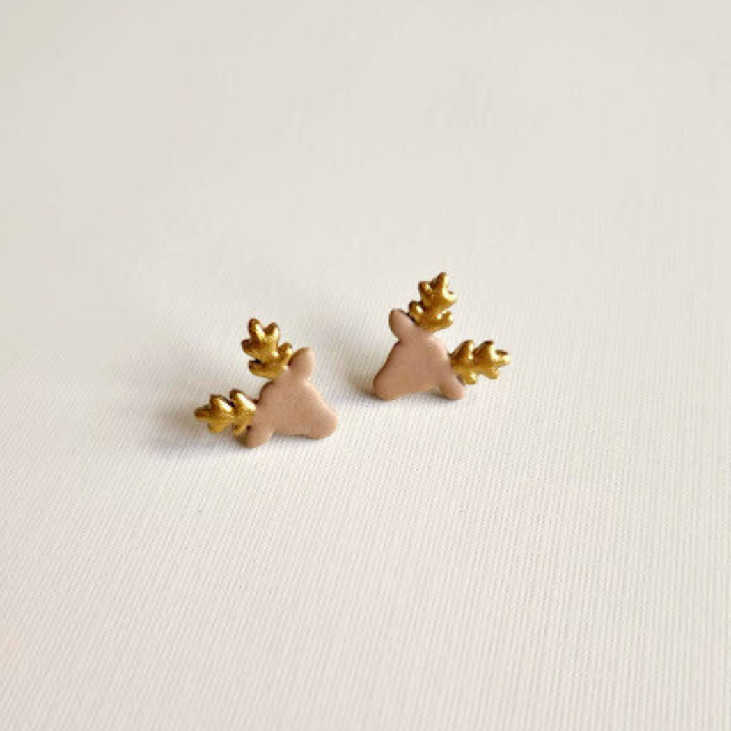 Brown Reindeer Polymer Clay Stud Earrings