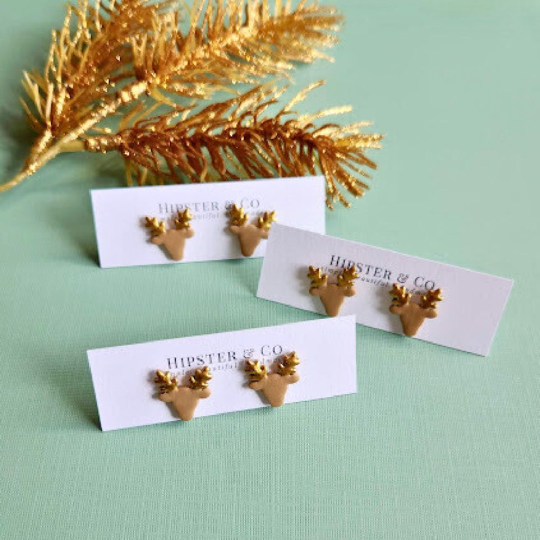 Brown Reindeer Polymer Clay Stud Earrings