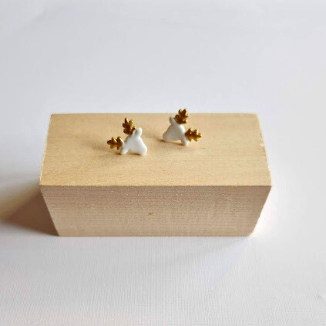 White Reindeer Polymer Clay Stud Earrings