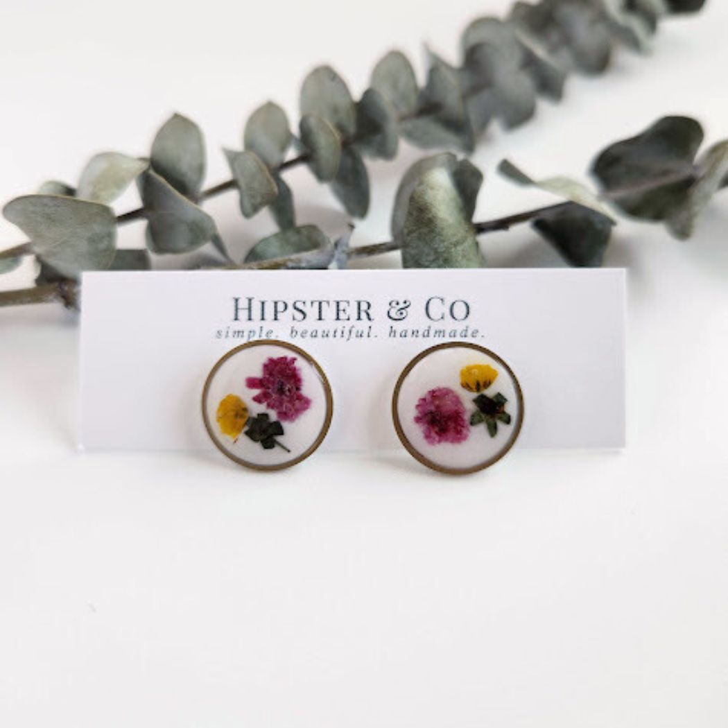 Round Floral Polymer Clay Stud Earrings