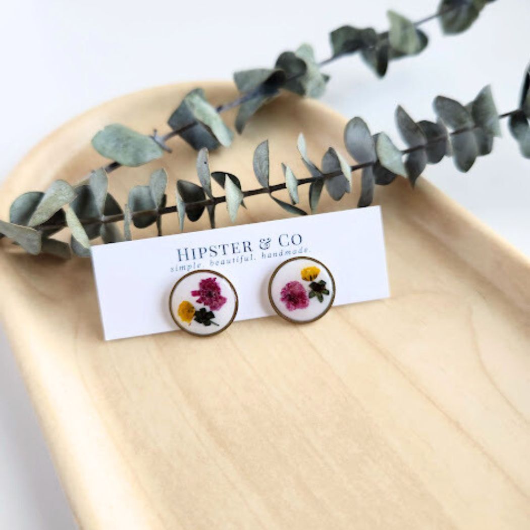 Round Floral Polymer Clay Stud Earrings