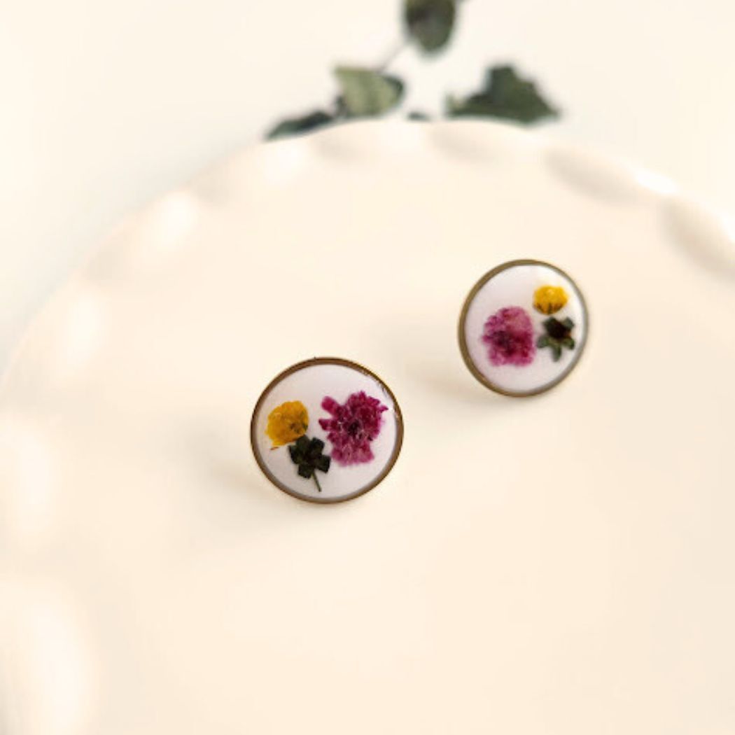 Round Floral Polymer Clay Stud Earrings