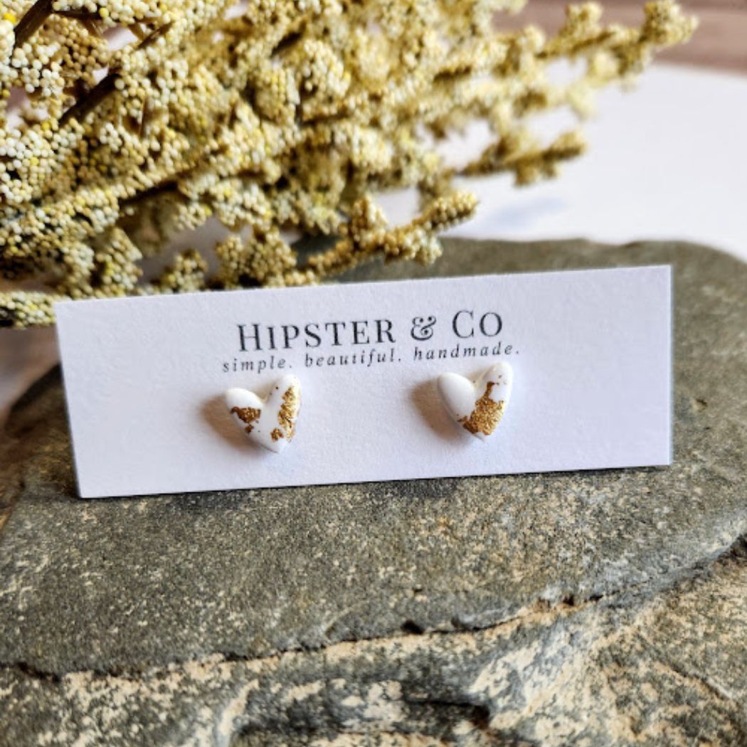 Small White and Gold Heart Stud Earrings