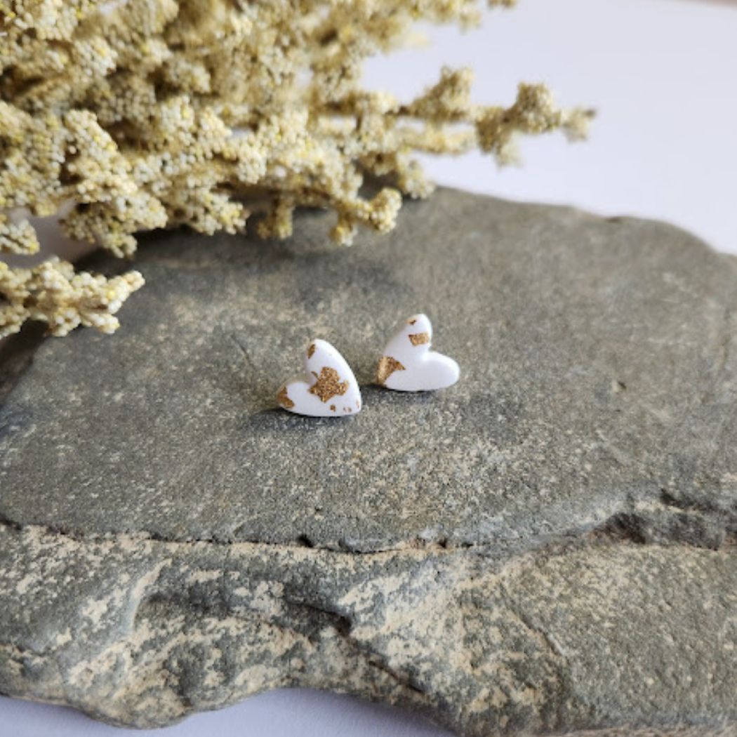 Small White and Gold Heart Stud Earrings