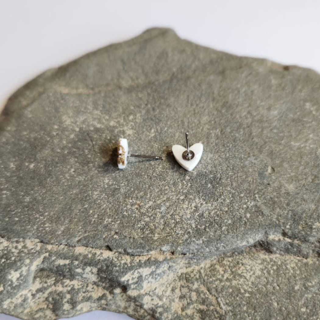 Small White and Gold Heart Stud Earrings