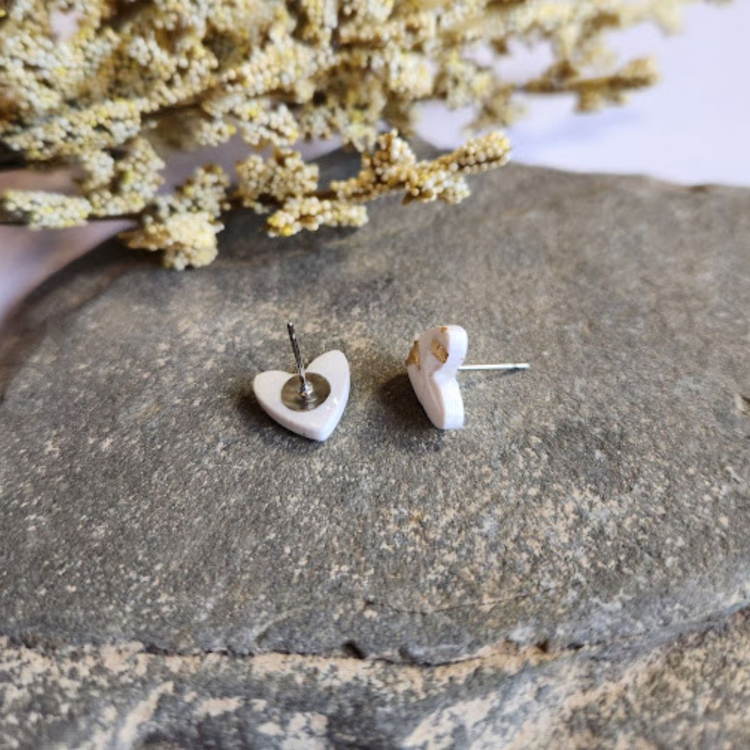 White and Gold Heart Stud Earrings