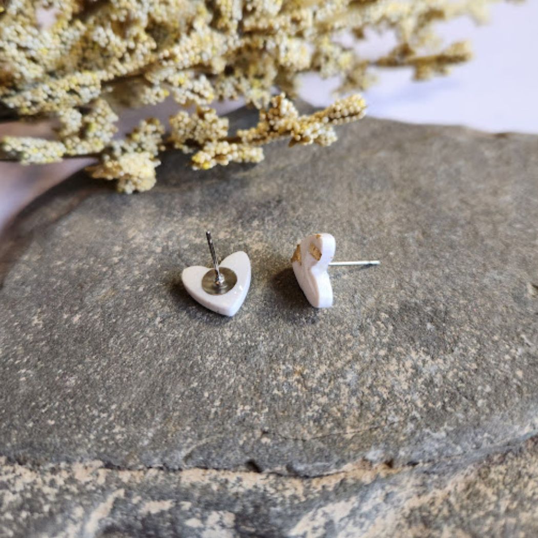 Small White and Gold Heart Stud Earrings