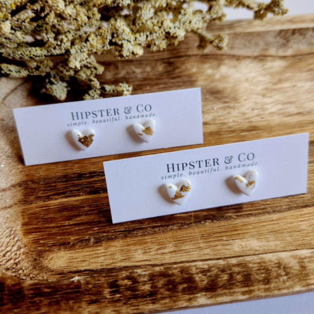 White and Gold Heart Stud Earrings