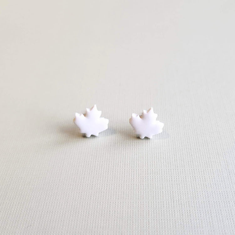 White Autumn Leaf Polymer Clay Stud Earrings