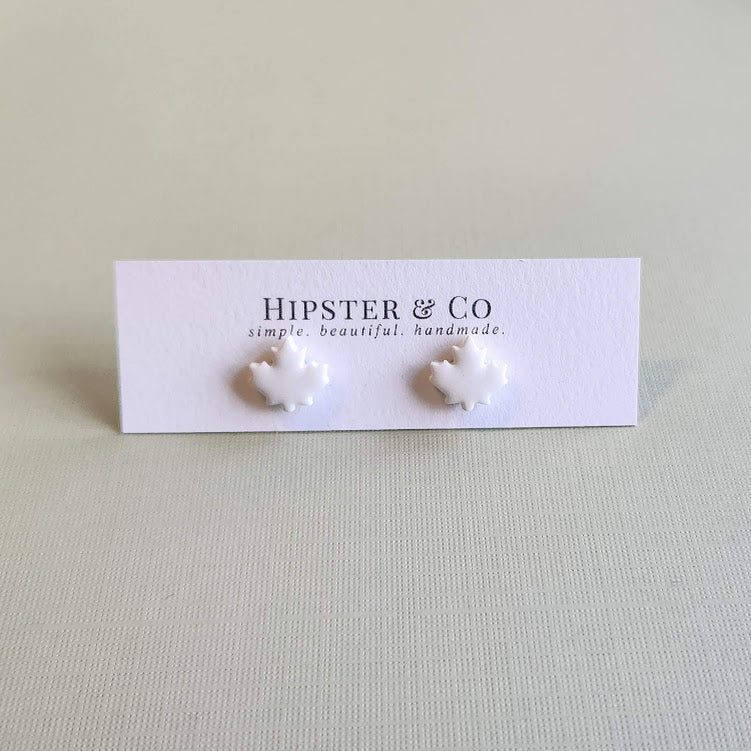 White Autumn Leaf Polymer Clay Stud Earrings