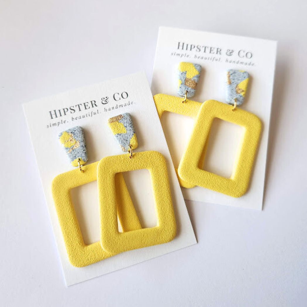 Yellow and Gray Large Statement Earrings