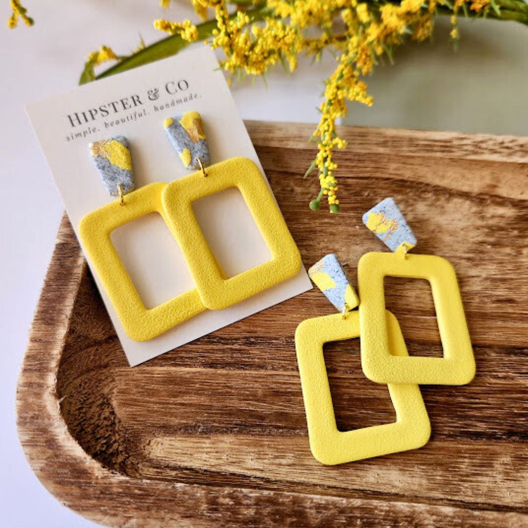 Yellow and Gray Large Statement Earrings