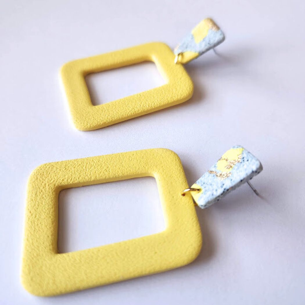 Yellow and Gray Large Statement Earrings