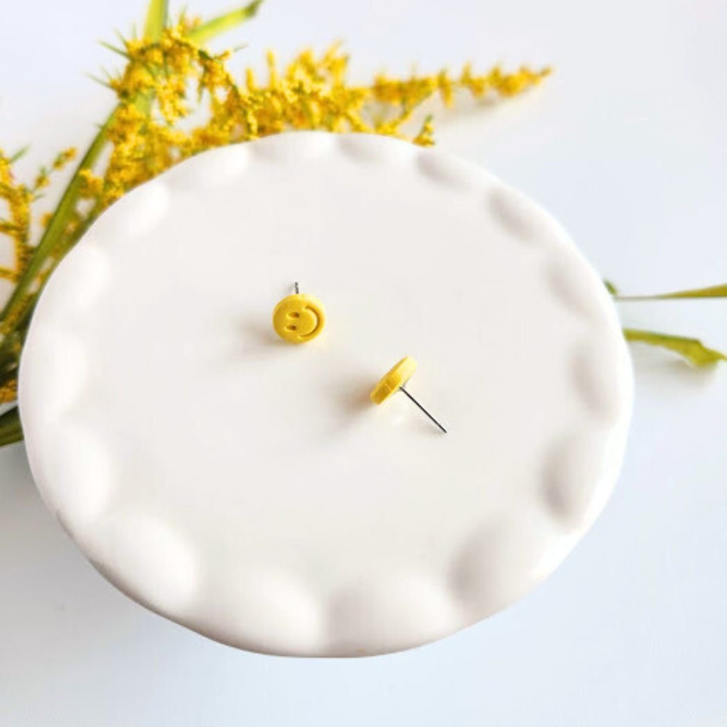 Yellow Happy Face Polymer Clay Stud Earrings