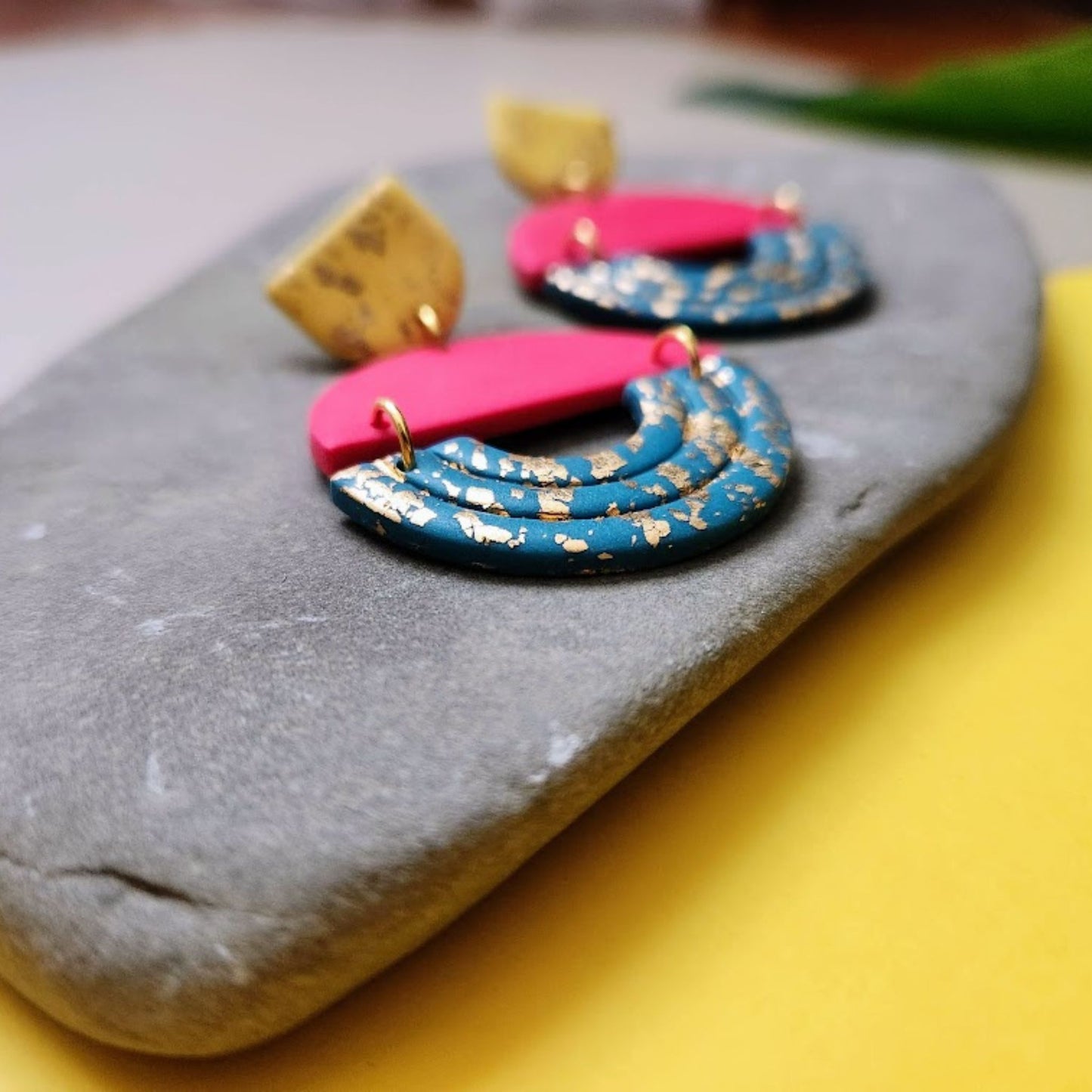 The Eliana Color Block Polymer Clay Dangle Earrings in Bright Pink, Yellow, and Green