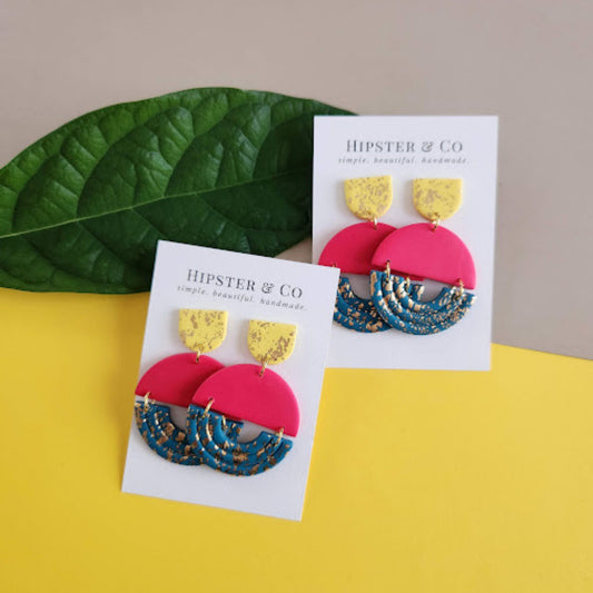 The Eliana Color Block Polymer Clay Dangle Earrings in Bright Pink, Yellow, and Green