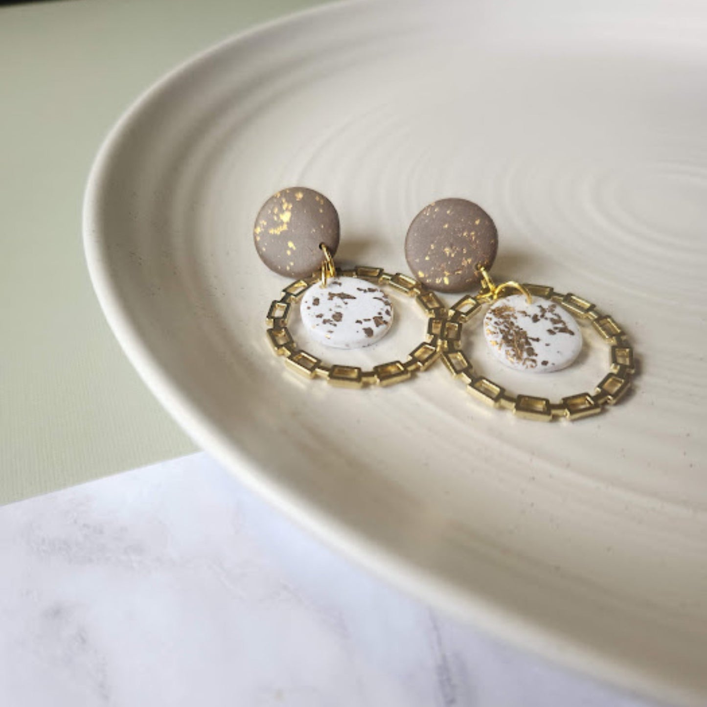 The Luna Polymer Clay Dangle Earrings in Brown and White