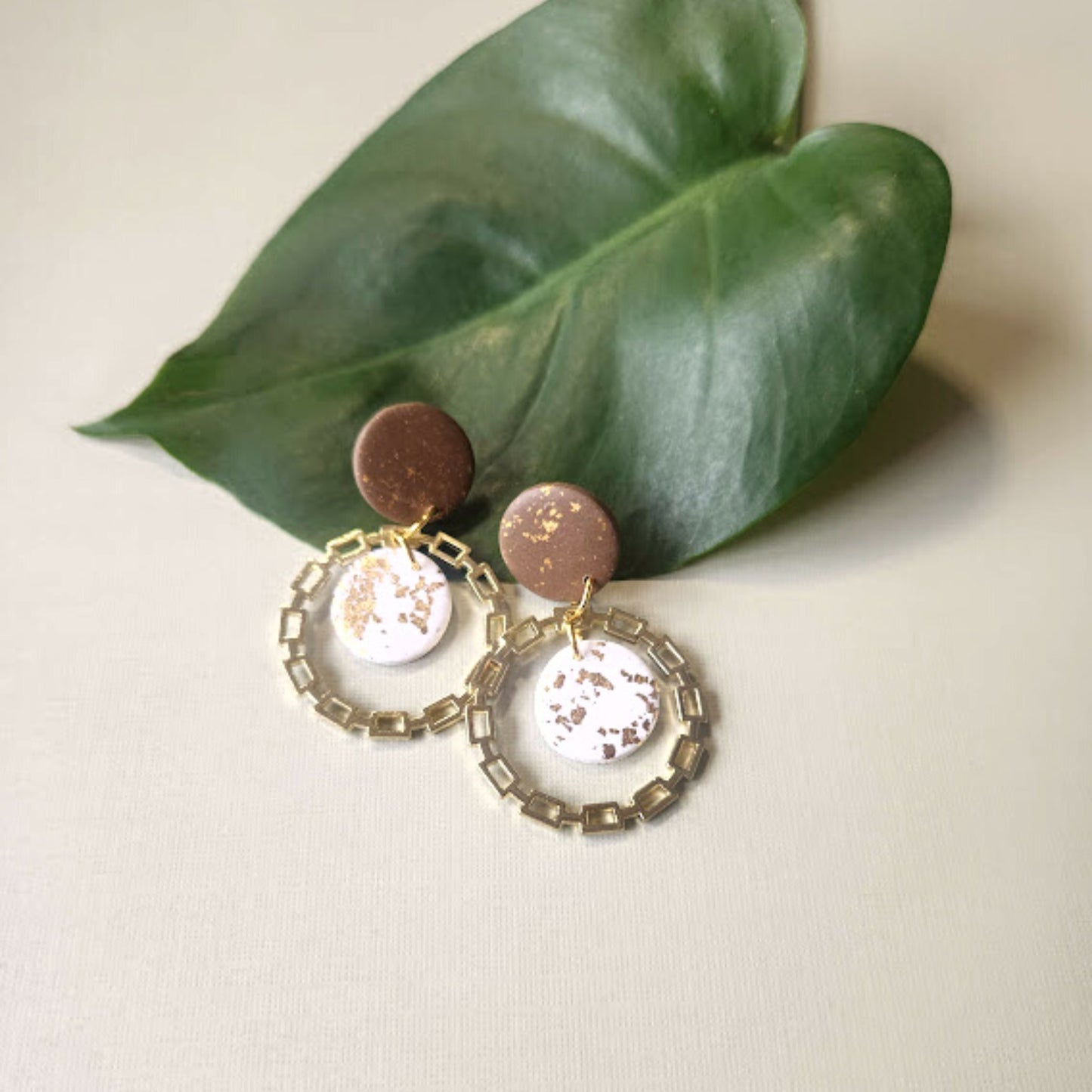 The Luna Polymer Clay Dangle Earrings in Brown and White