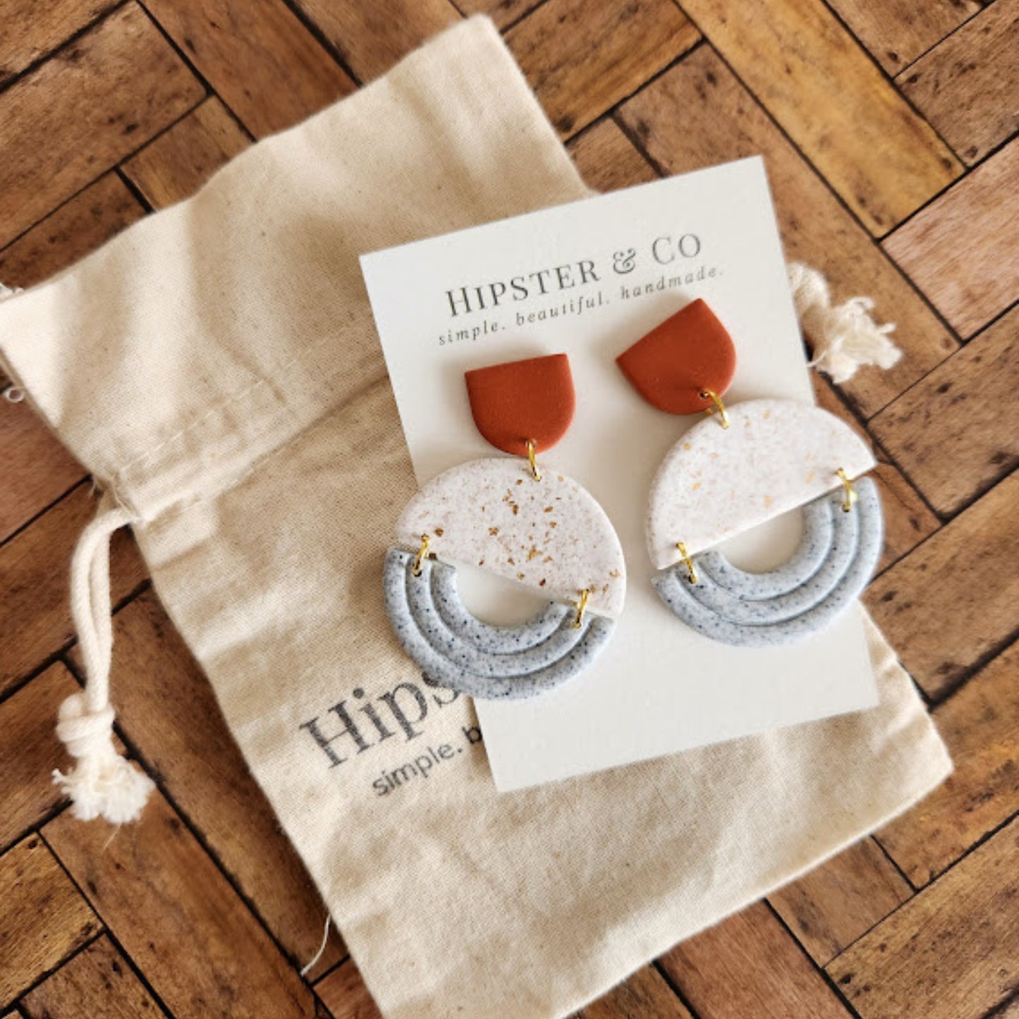 The Eliana Color Block Polymer Clay Dangle Earrings in Terracotta, Gray, and White